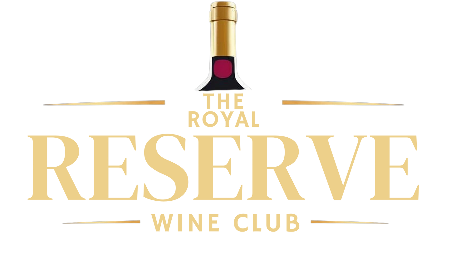 Logo of The Royal Reserve Wine Club by royal vines with a wine bottle on a white background